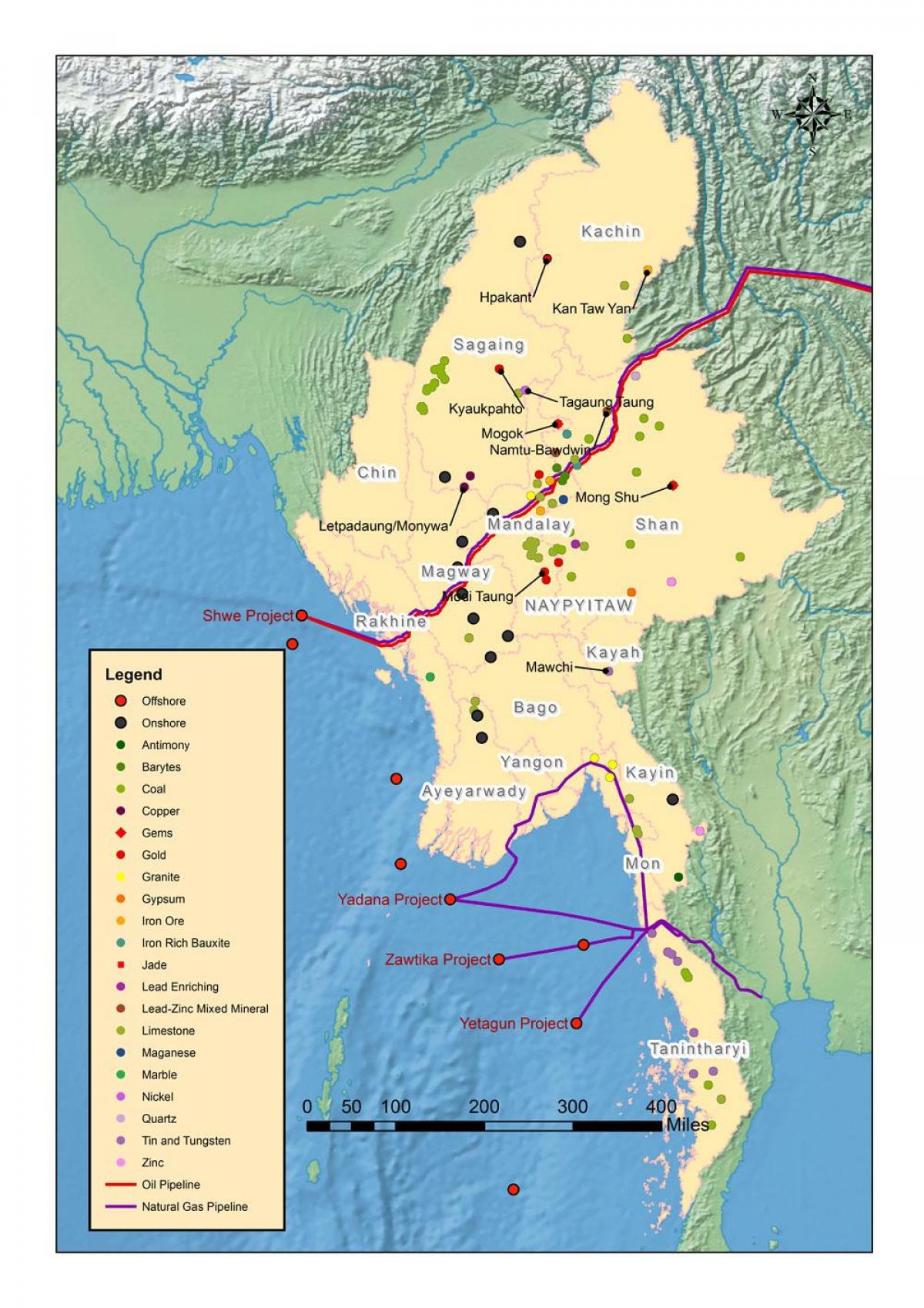 Mapa Myanmar prírodných zdrojov